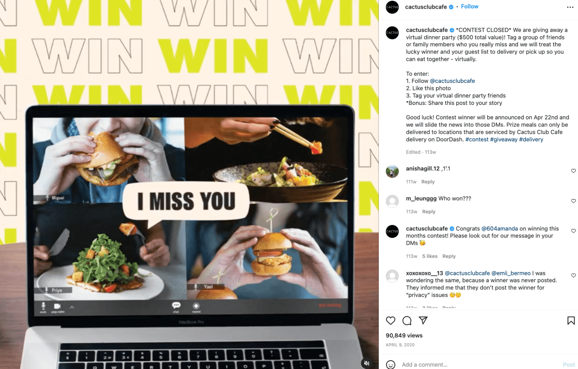 Example of a social media contest being hosted by Cactus Club Cafe on Instagram