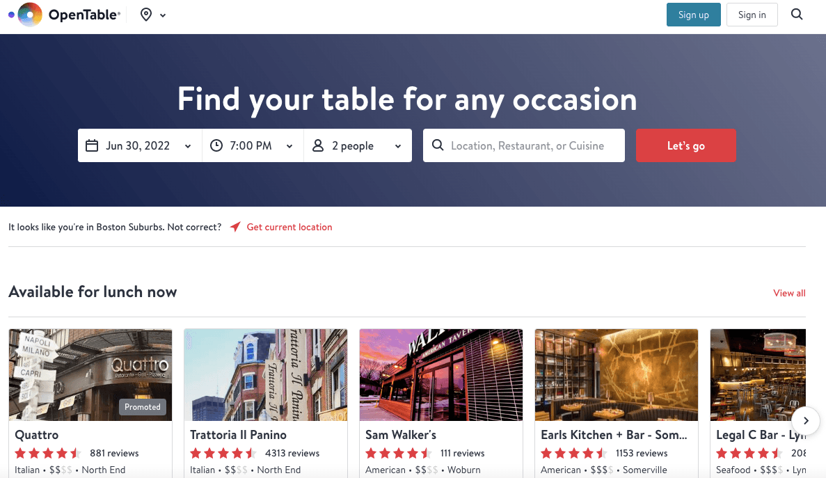 OpenTable online reservations app homepage