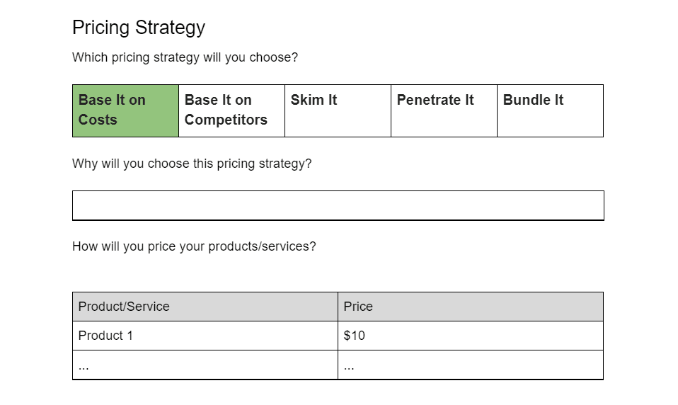 Example of a pricing strategy template