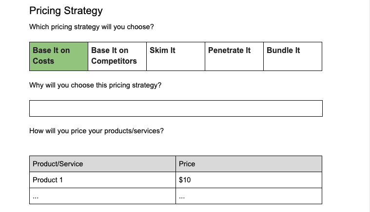 Example of a pricing strategy template