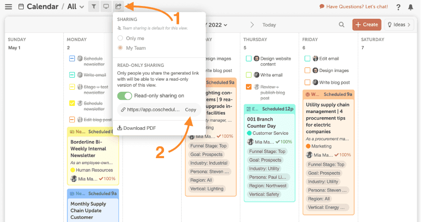 CoSchedule communication calendars can be shared with others