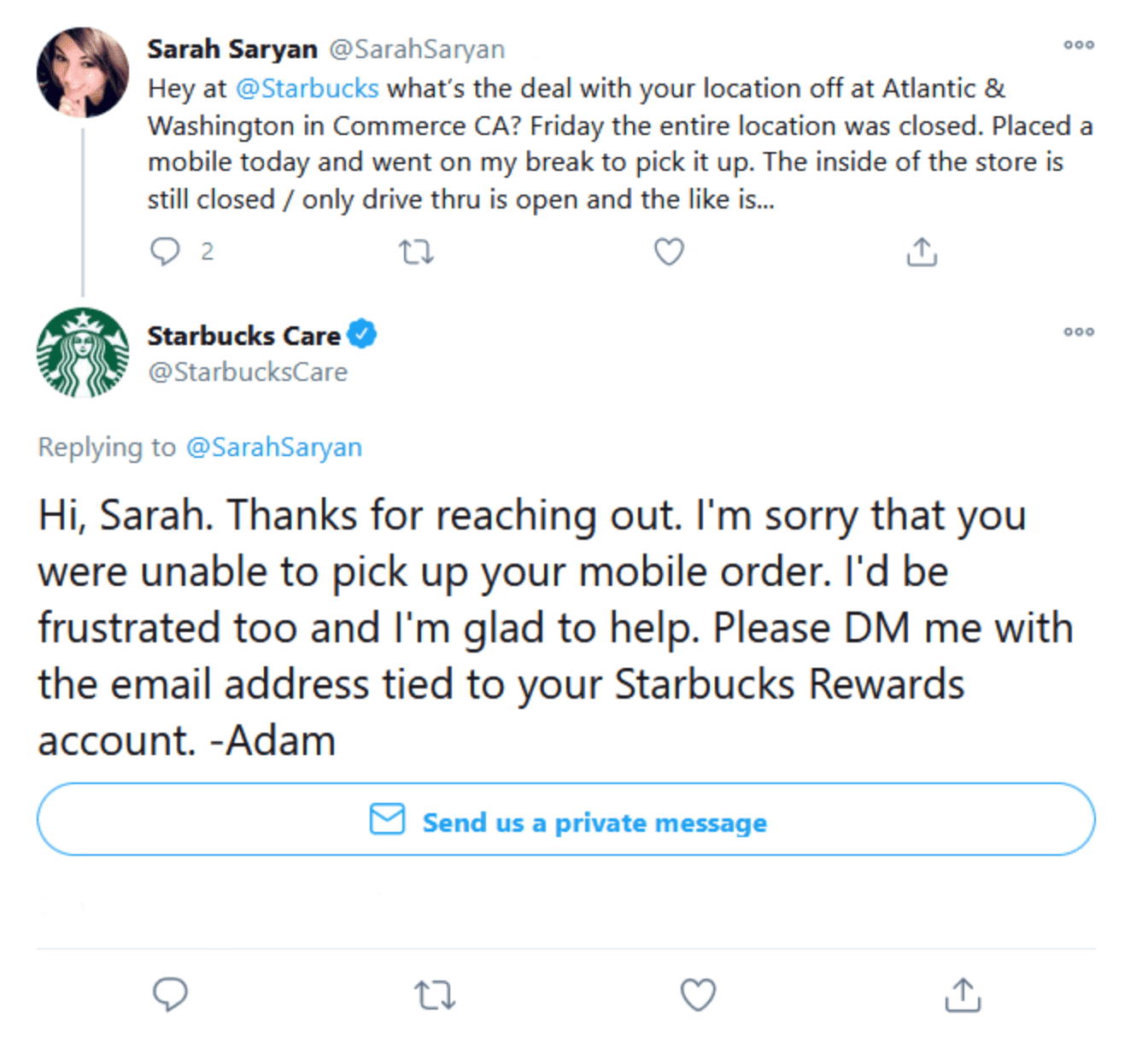 Twitter conversation between starbucks and a customer 