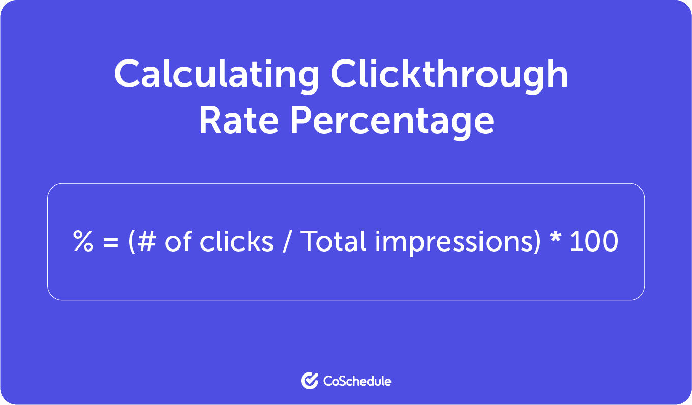 Clickthrough rate percentage = number of clicks / total impressions x100