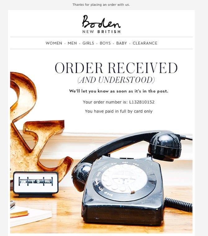 Boden New British order email to a customer regarding their recent purchase