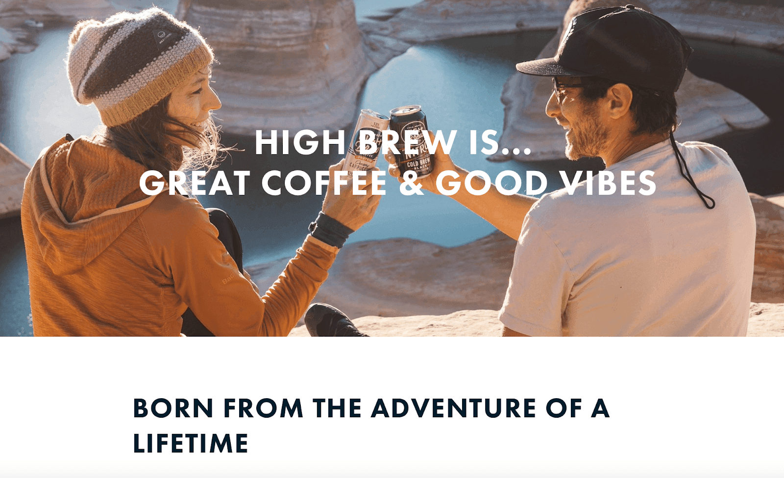 A couple drinking high brew while hiking in the mountains 
