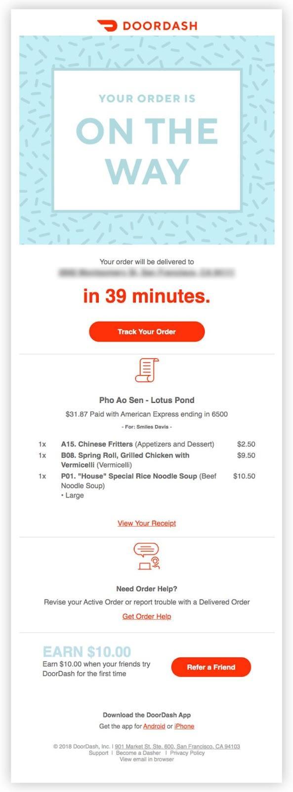 Doordash email regarding when the customers food is expected to arrive 