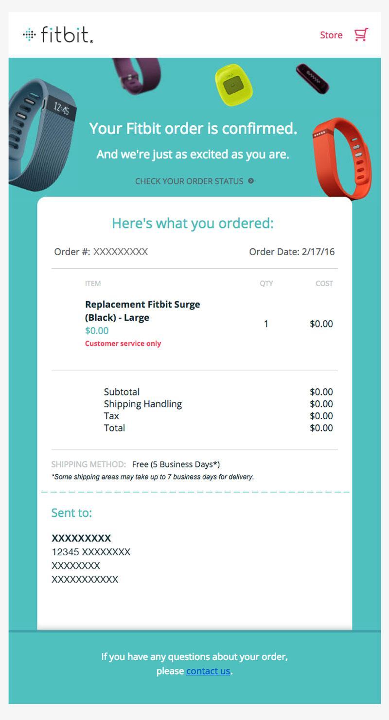 An example of Fitbit's email regarding a customer account order