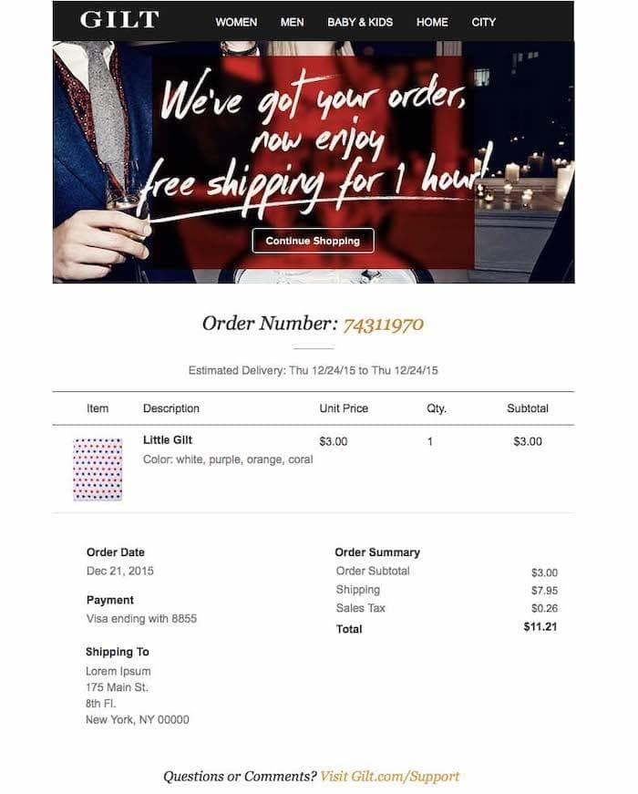 Gilt customer order confirmation email 