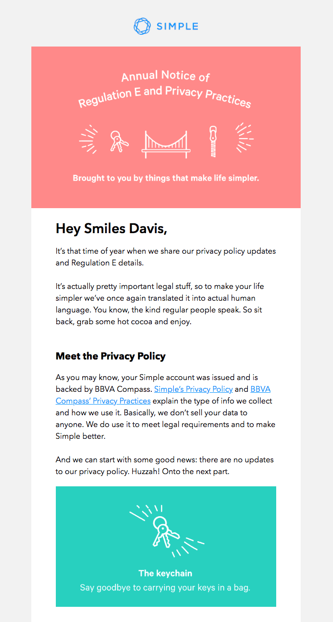 Simple's annual email regarding privacy policy