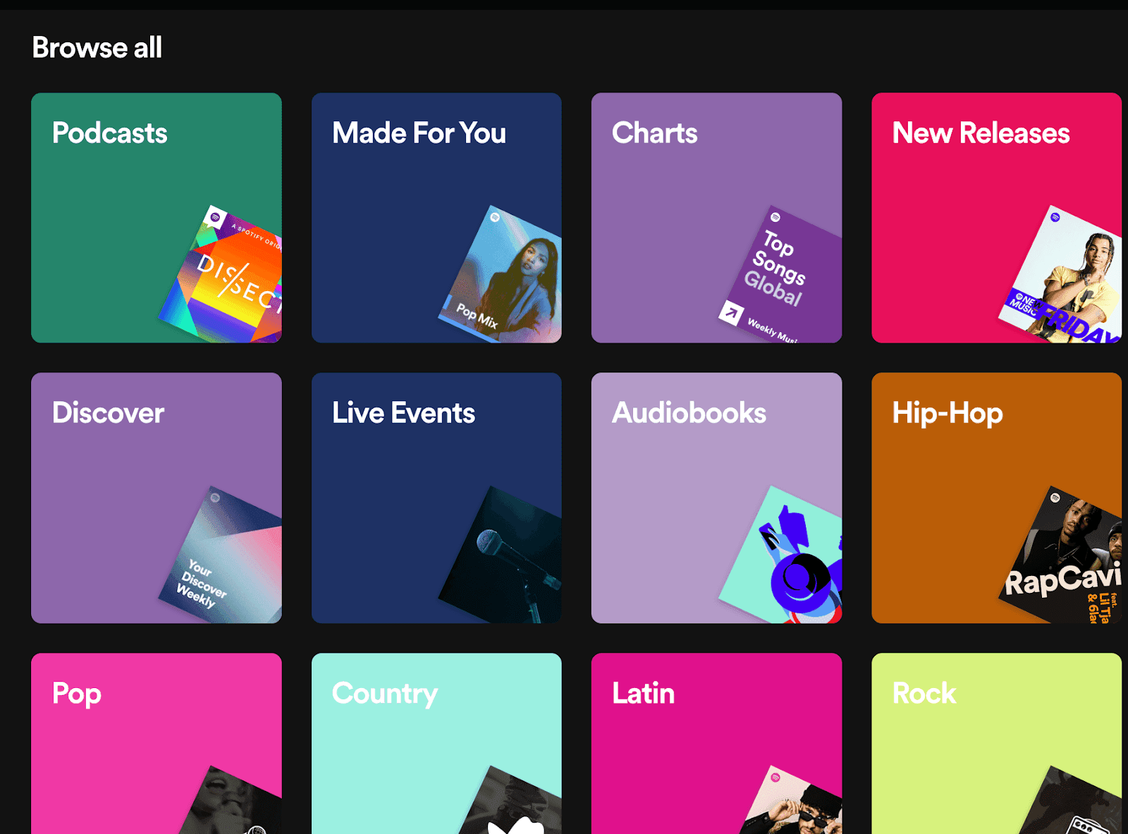 Spotify has many categories, podcasts, and even live events for listeners to use