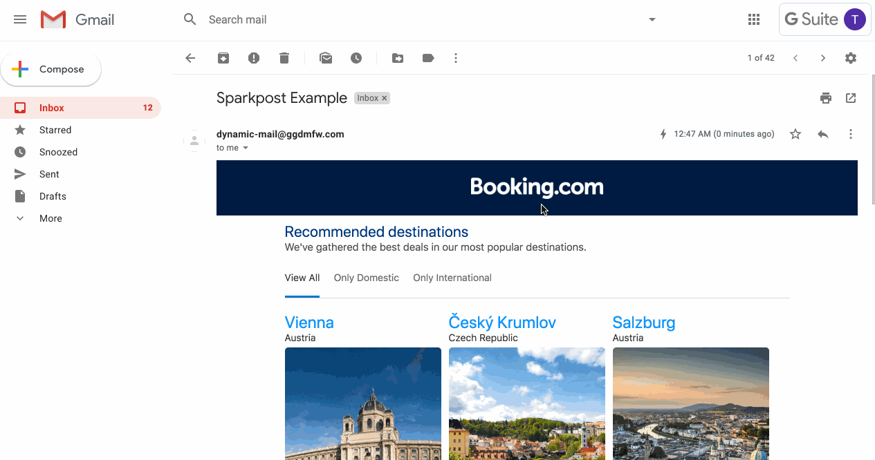 Gif showing the transactional email from booking.com regarding different hotels