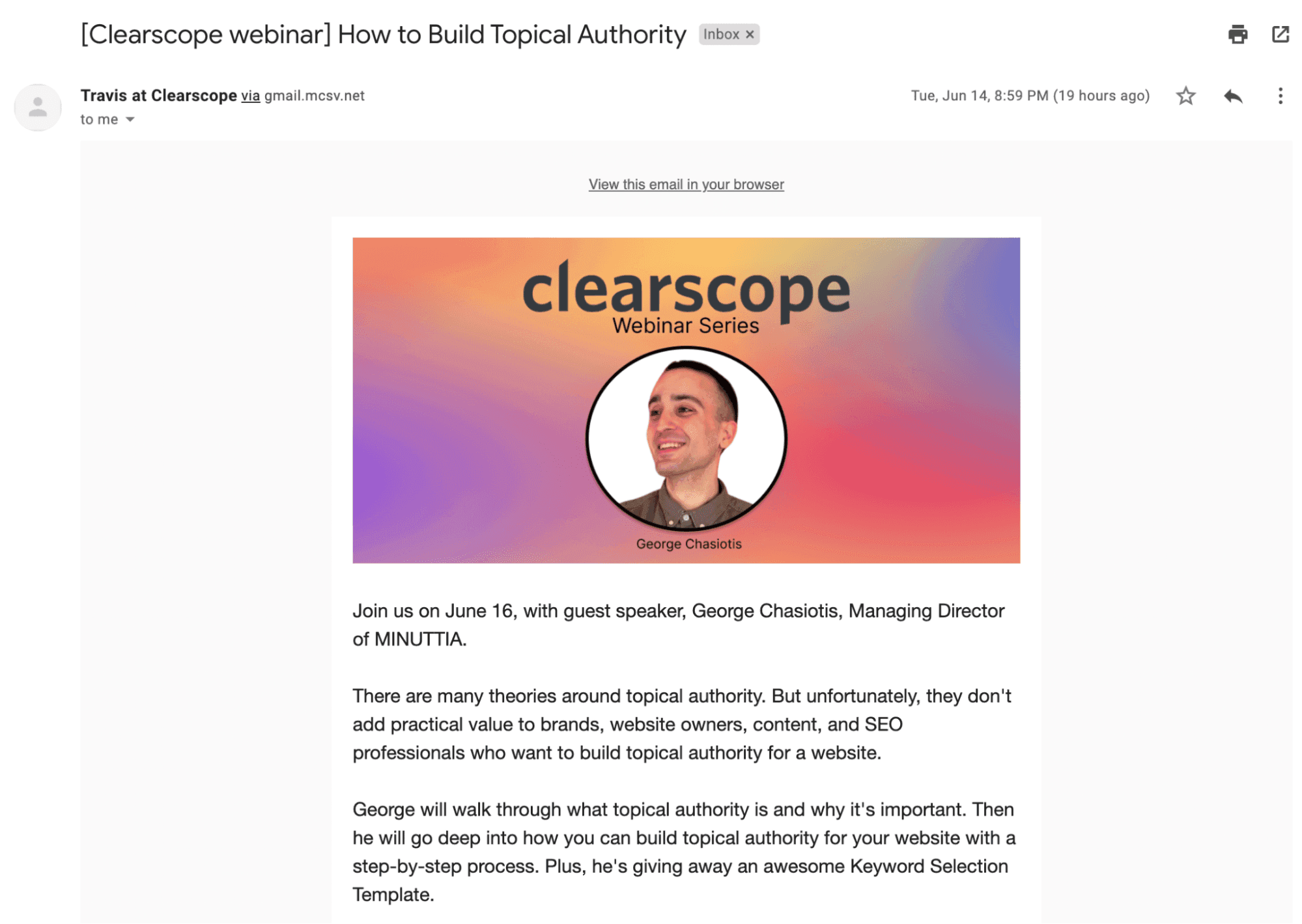 Example of an event email from Clearscope
