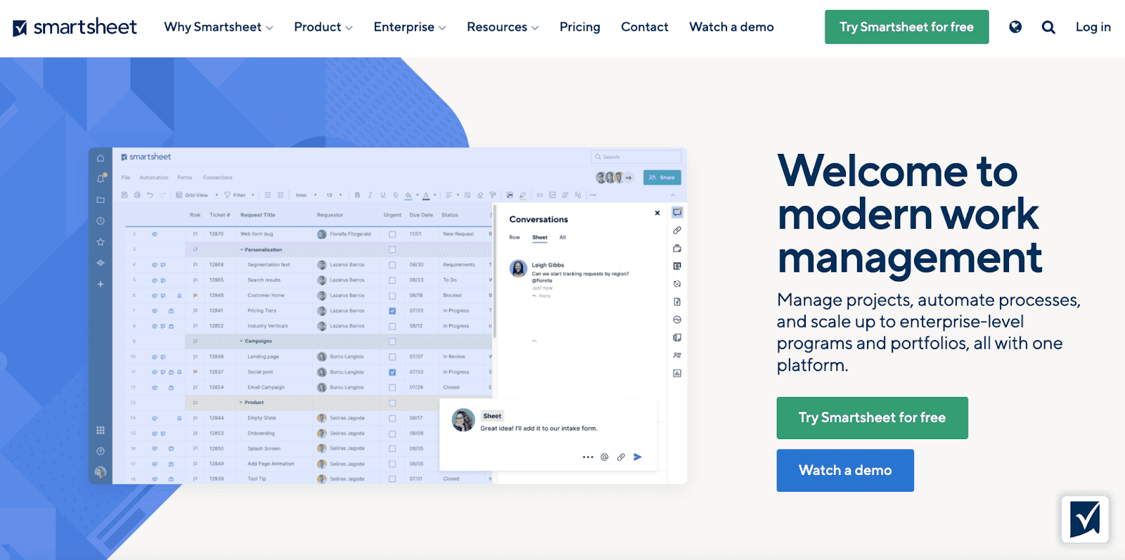 Smartsheet allows the user to be flexible and creative for marketing team leaders to track progress 