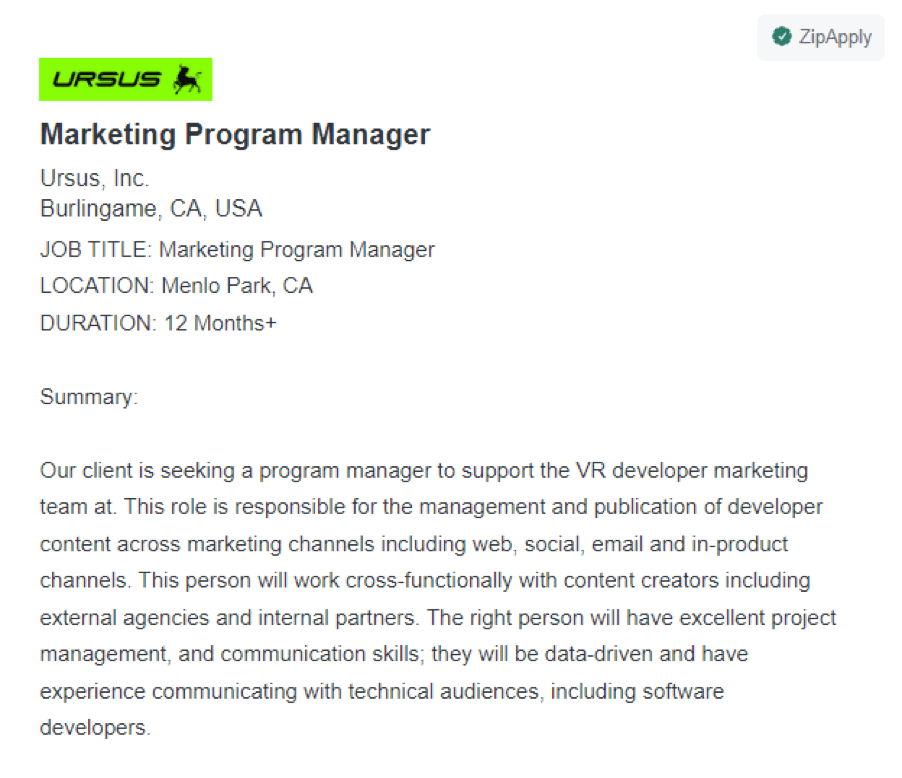URSUS marketing program manager job posting