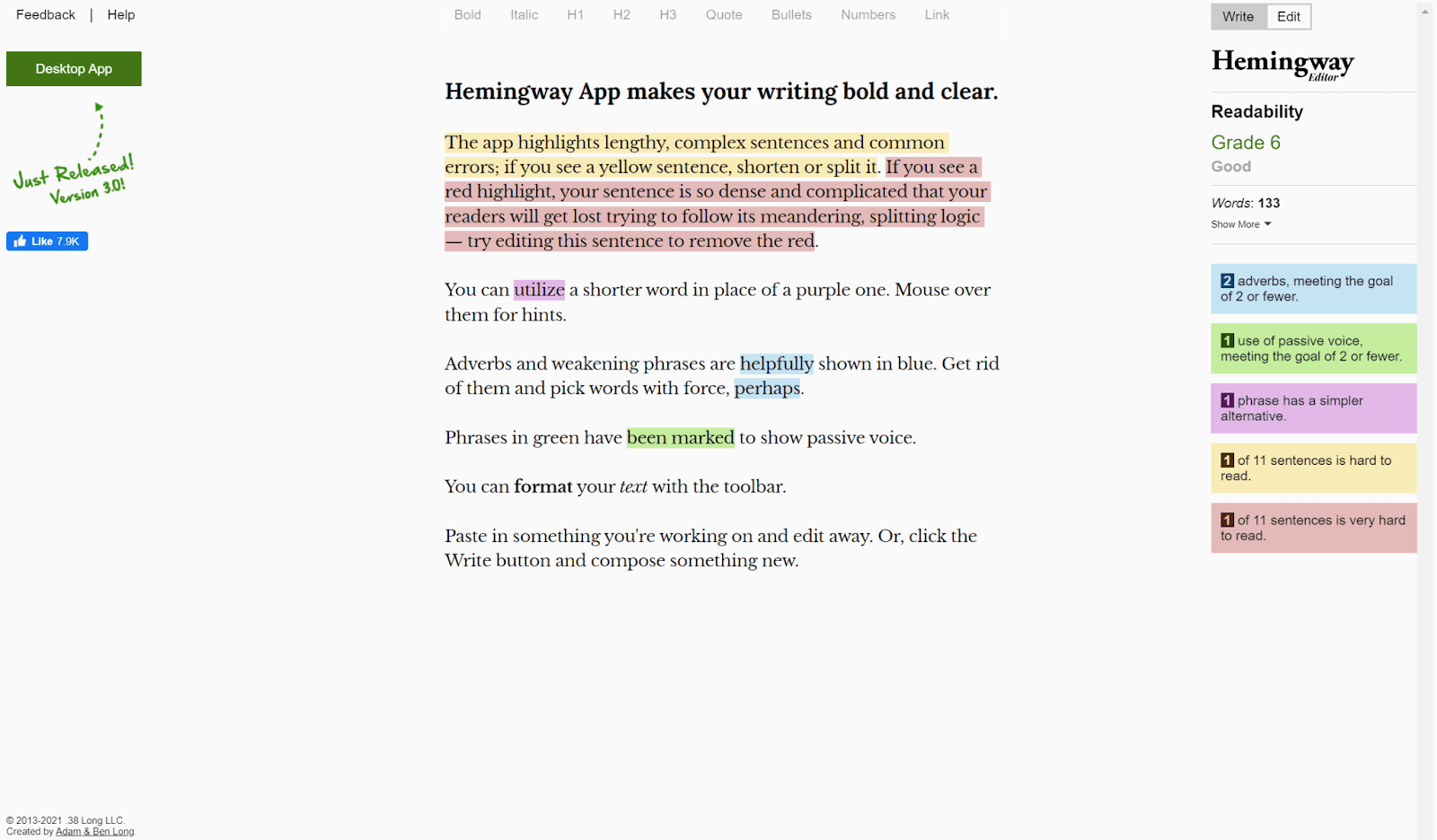 Hemingway editing tool for blog posts