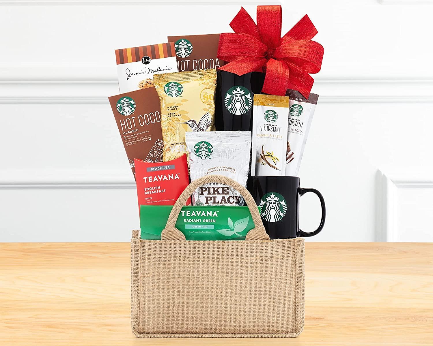 Assortment of different coffee and tea flavors gift basket