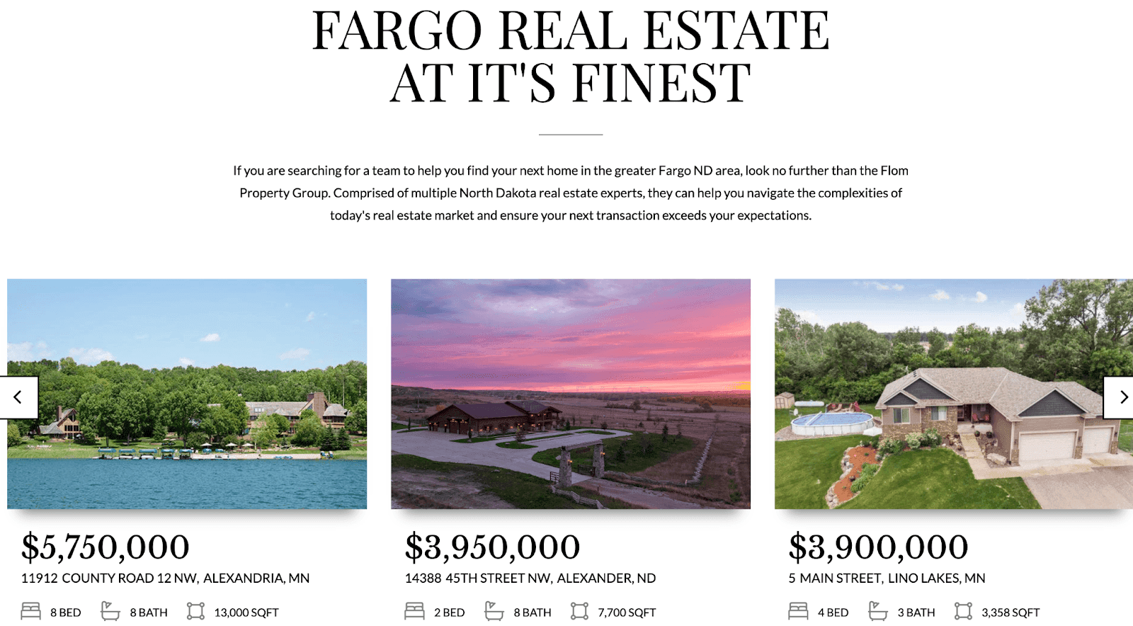 High value homes featured at the top of the landing page