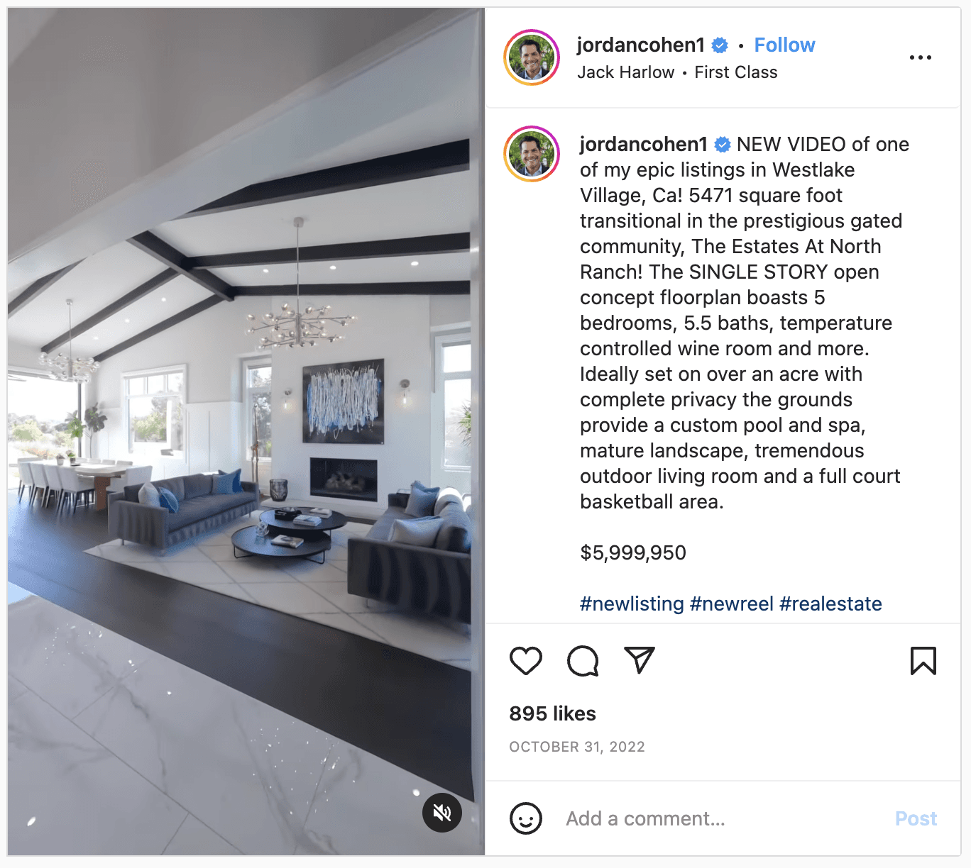 Jordan Cohen instagram post about a new 6 million dollar home