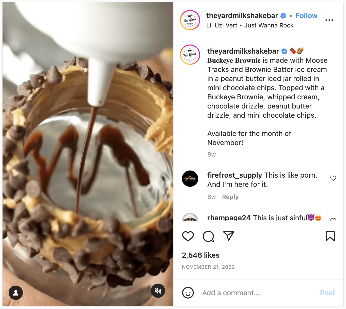 The Yard Milk Shake Bar Instagram post about their products
