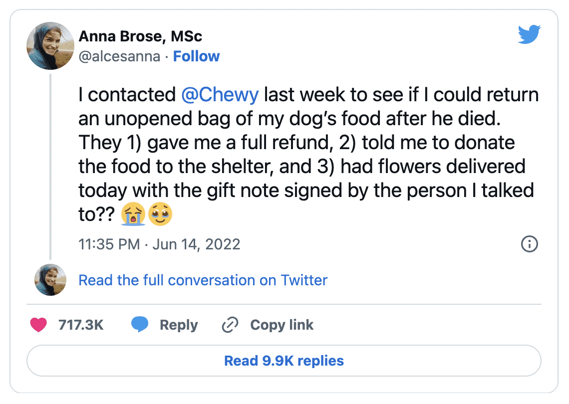 Tweet from Chewy customer highlighting their customer service