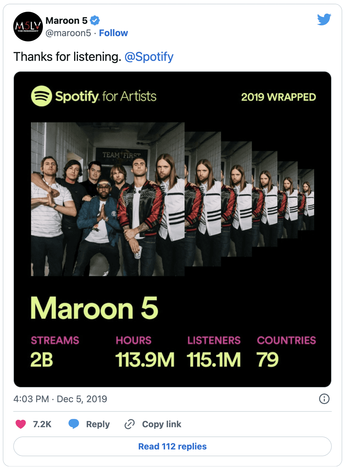 Spotify year end tweet from Maroon 5