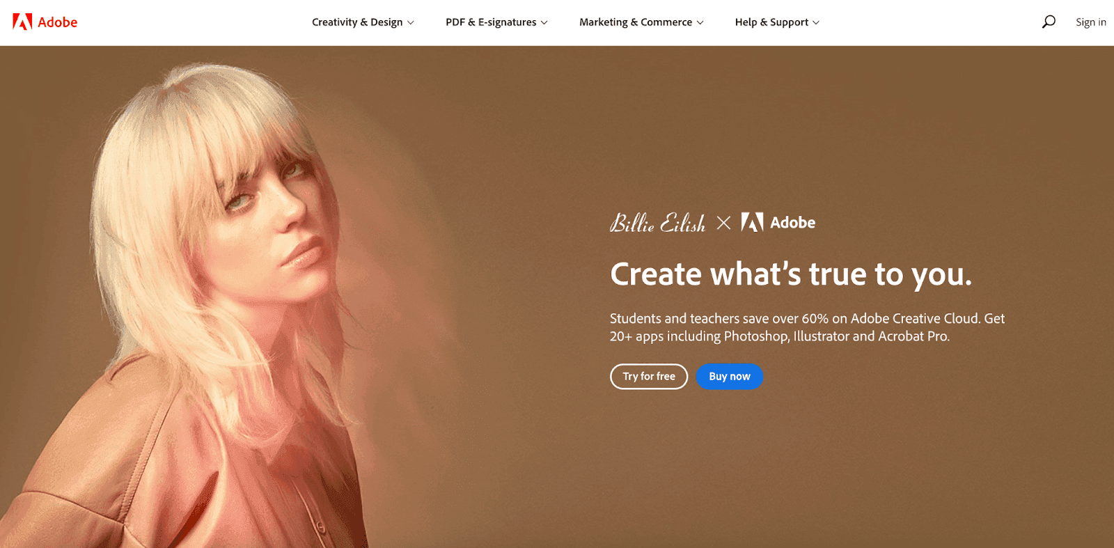 Adobe homepage of their website, but in English and advertising Billie Eilish x Adobe 