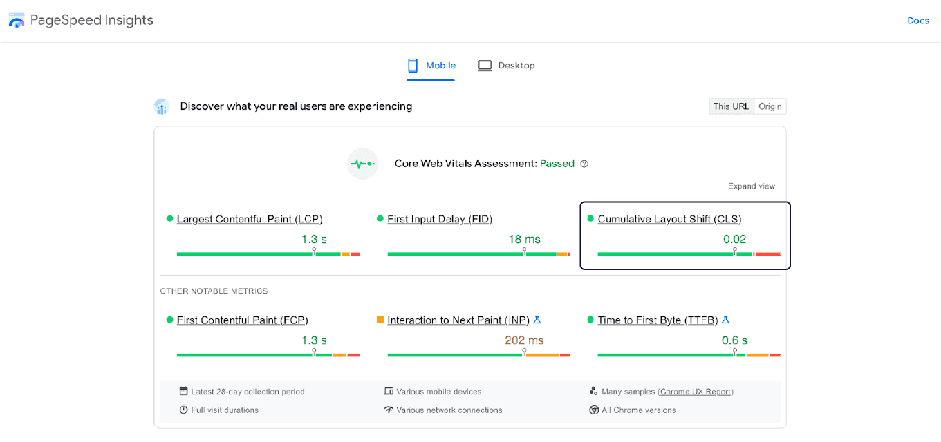 Website metrics cumulative layout shift from page speed insights