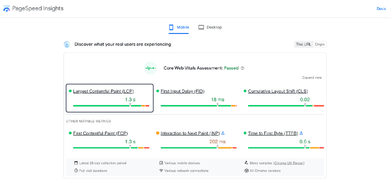 First contentful paint metric from page speed insights