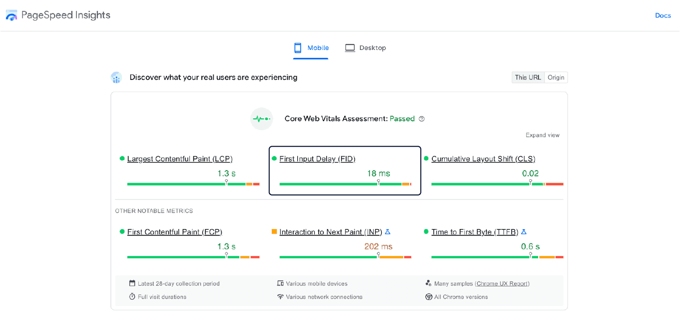 Metric regarding first input delay from page speed insights