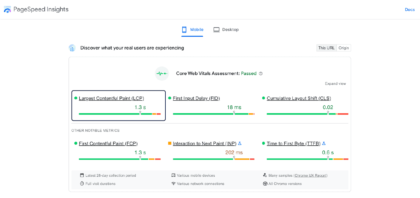 Largest contentful mobile time metric from page speed insight