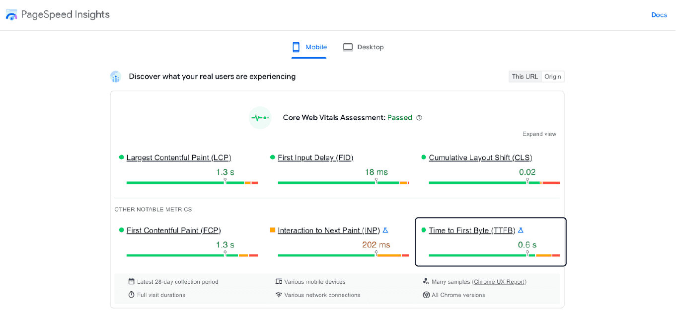 Time to First Byte results from page speed insights