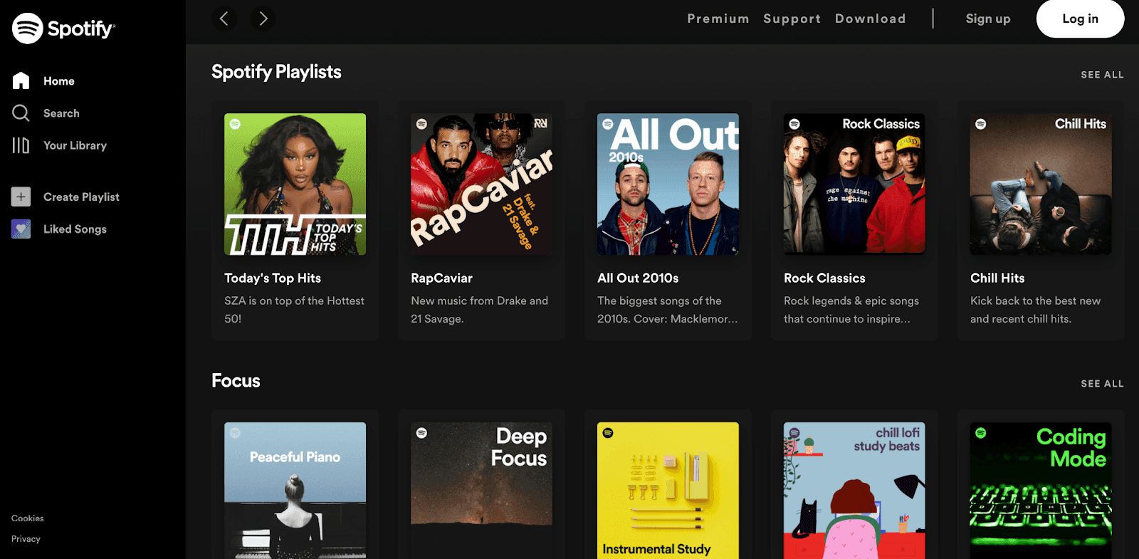 Spotify home menu showing different items found on Spotify