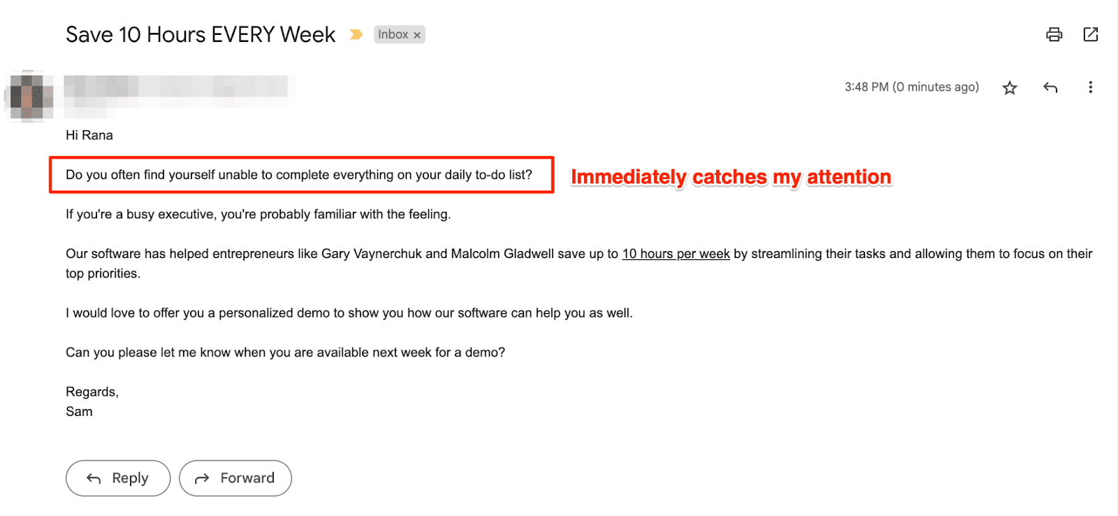 Example of an attention getting email headline 