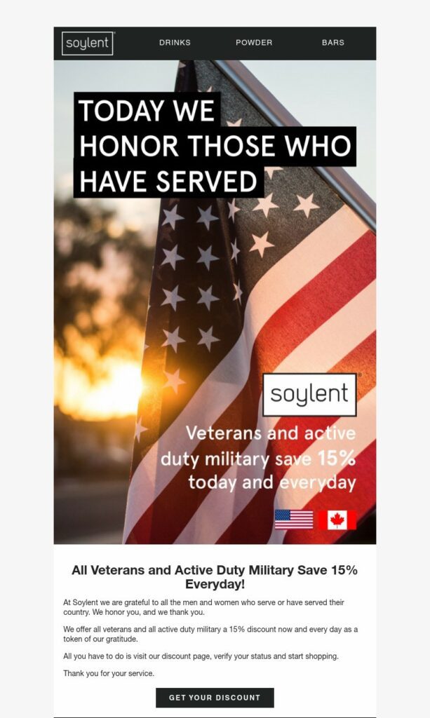 Soylent veterans day post and discount