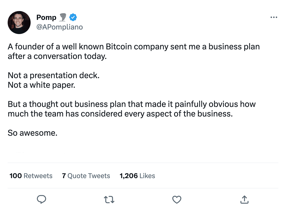 Pomp's tweet regarding a business plan he received