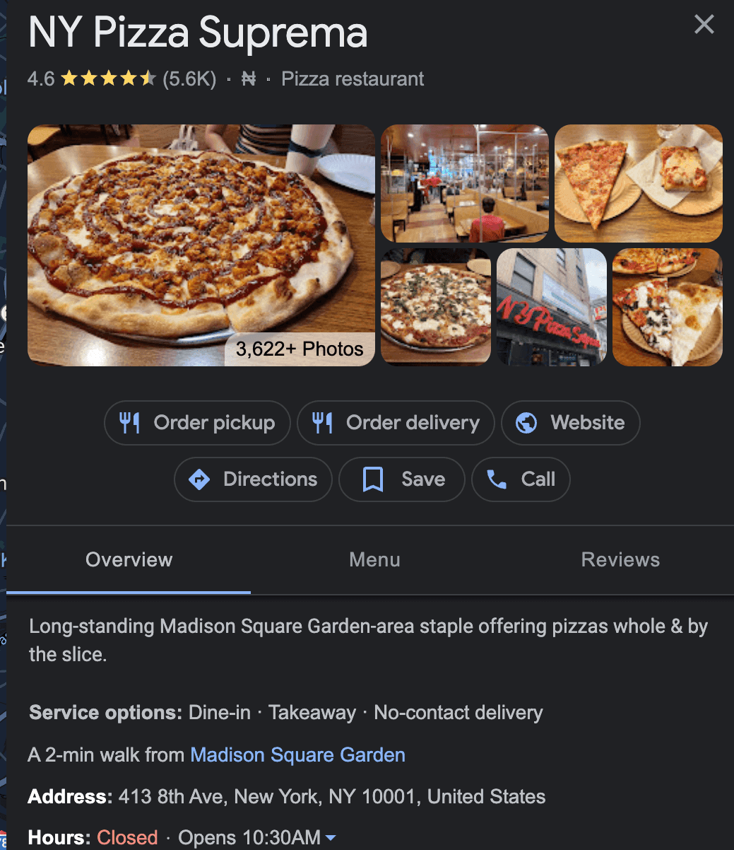 NY Pizza Suprema Google business landing page