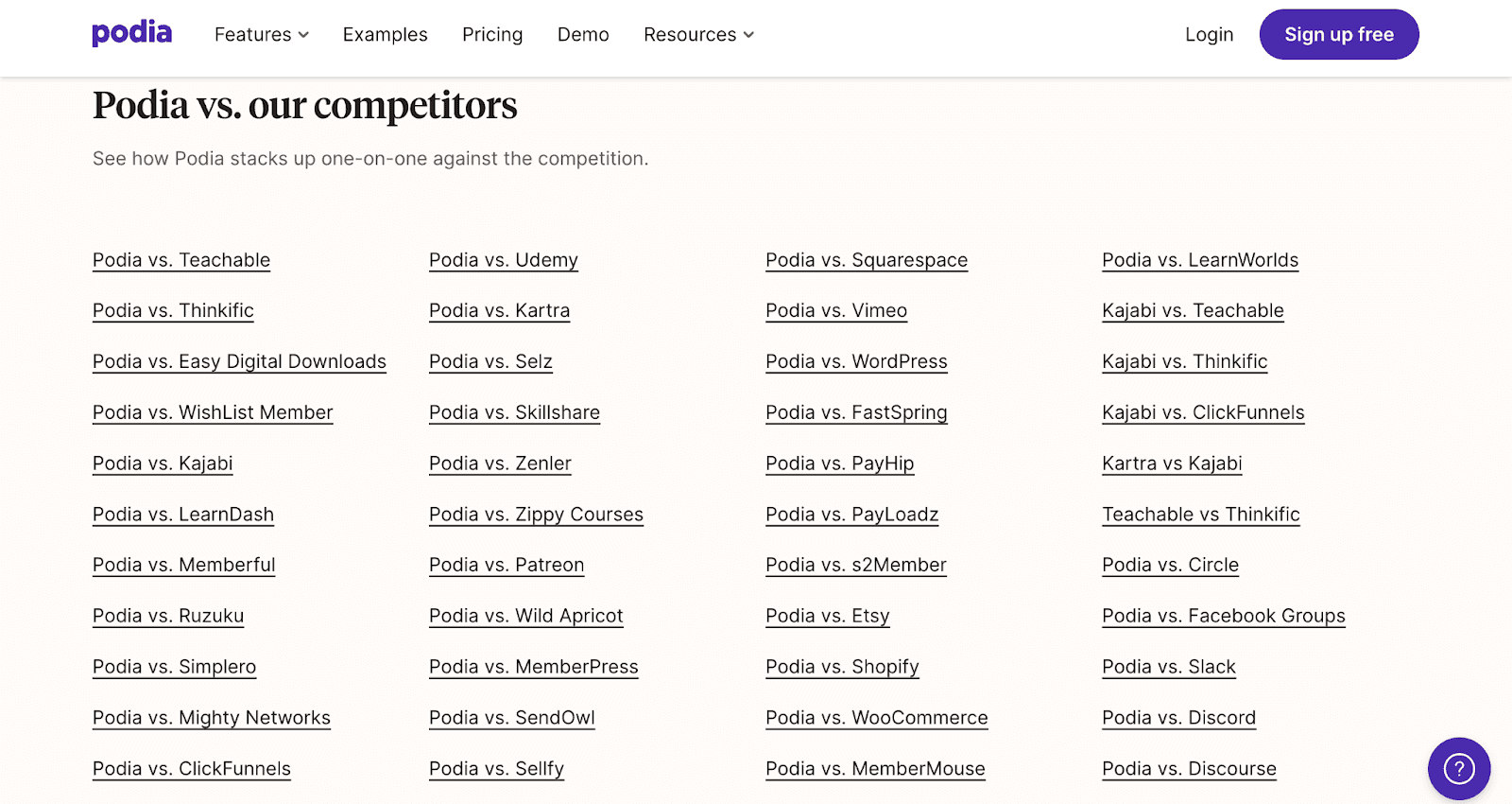 Podia vs their competitors page
