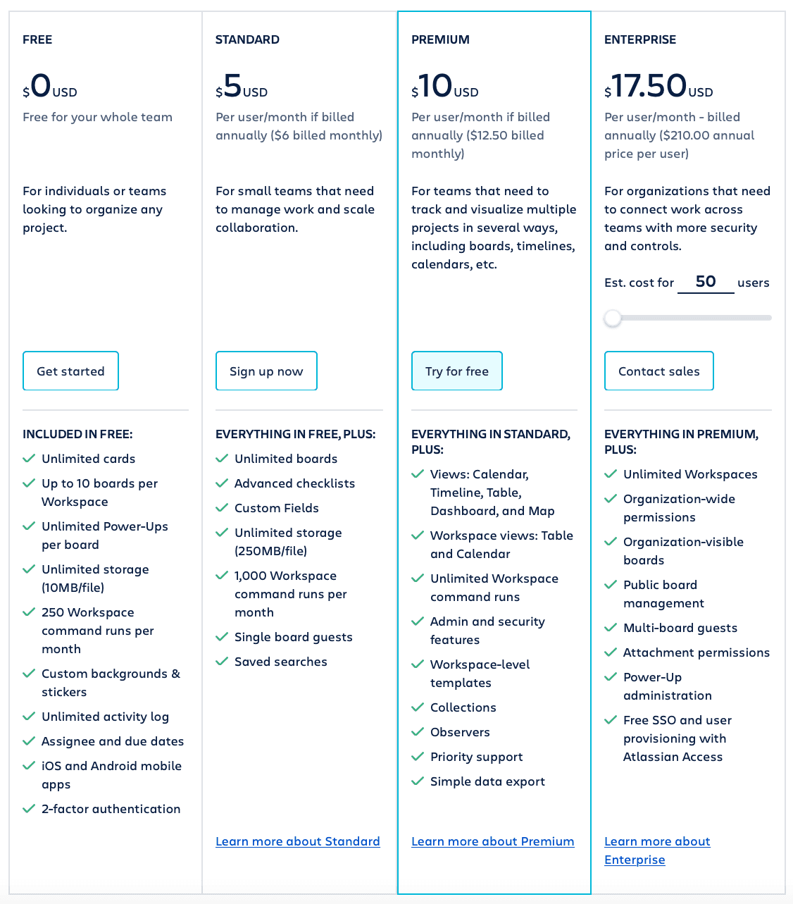 Trello plans and pricing page