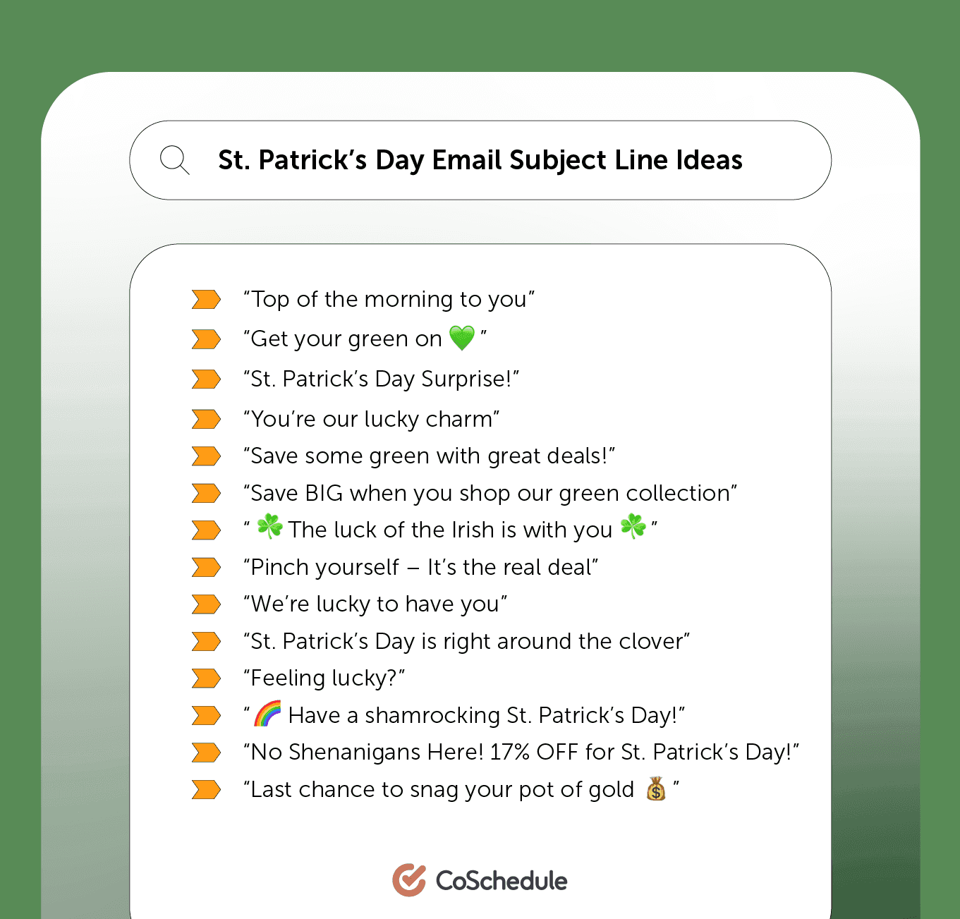 St. Patrick's day email subject line ideas from CoSchedule.