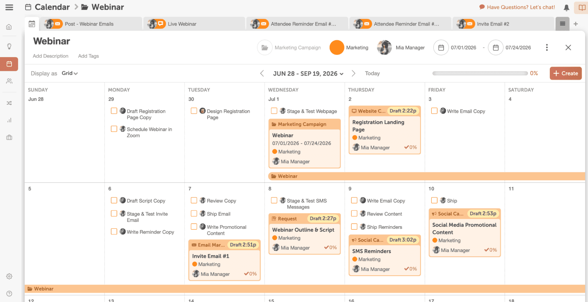 Create a marketing calendar for your webinar.