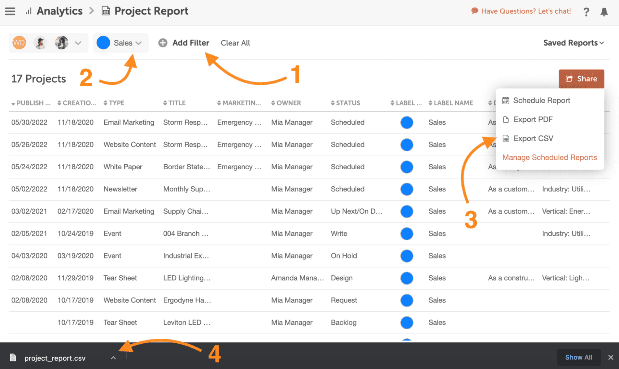 Use project report to export activities.