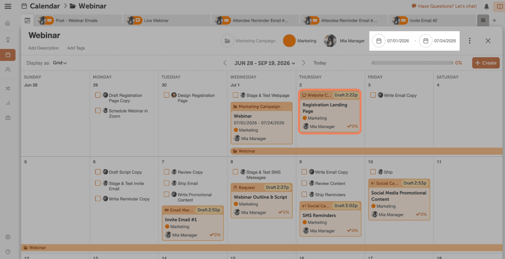 Set up the webinar projects within marketing calendar.