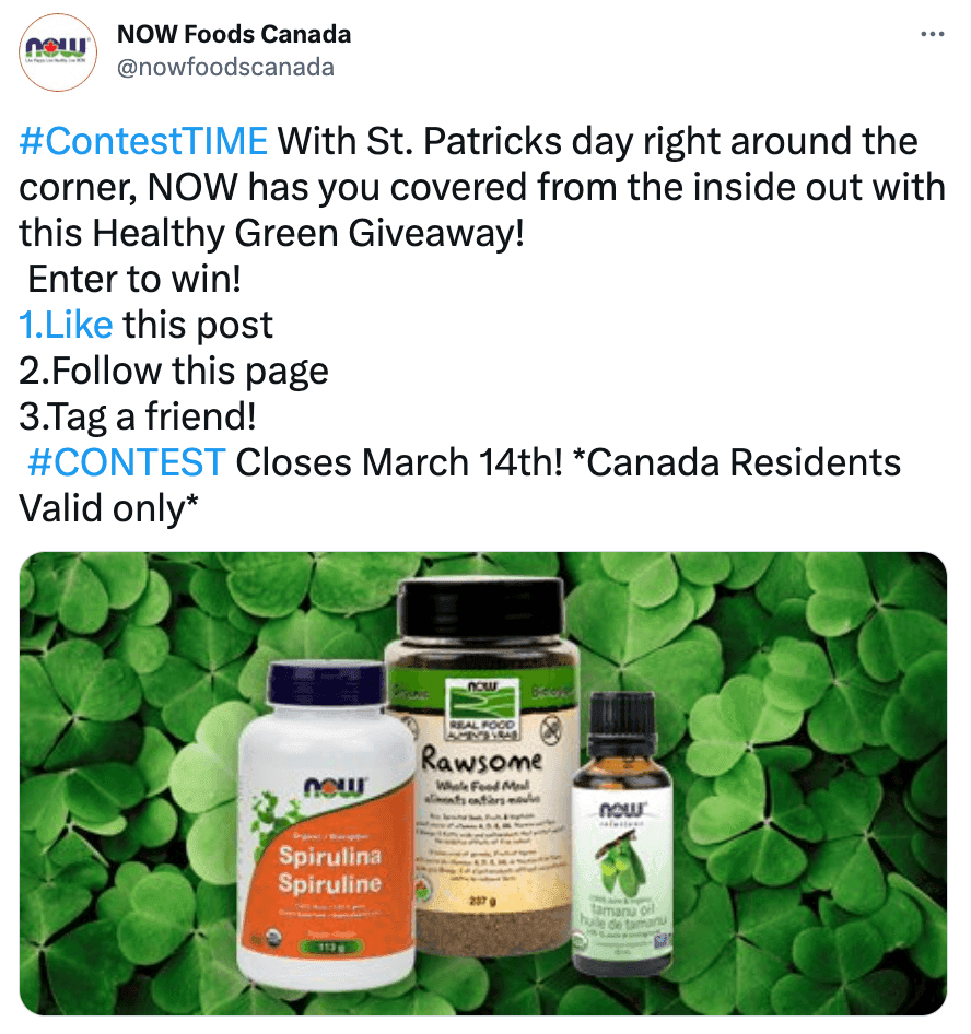 NOW Foods Canada St. Patricks day giveaway contest. 