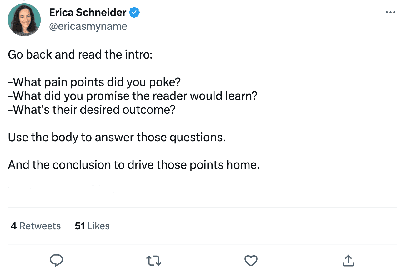 Erica Schneider tweets making a point about writing a body from the questions she wrote.