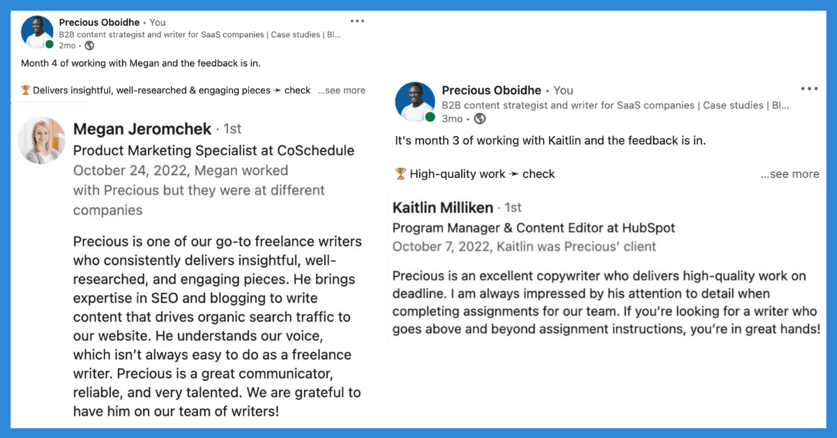 Precious Oboidhe feedback as a freelancer from HubSpot and CoSchedule