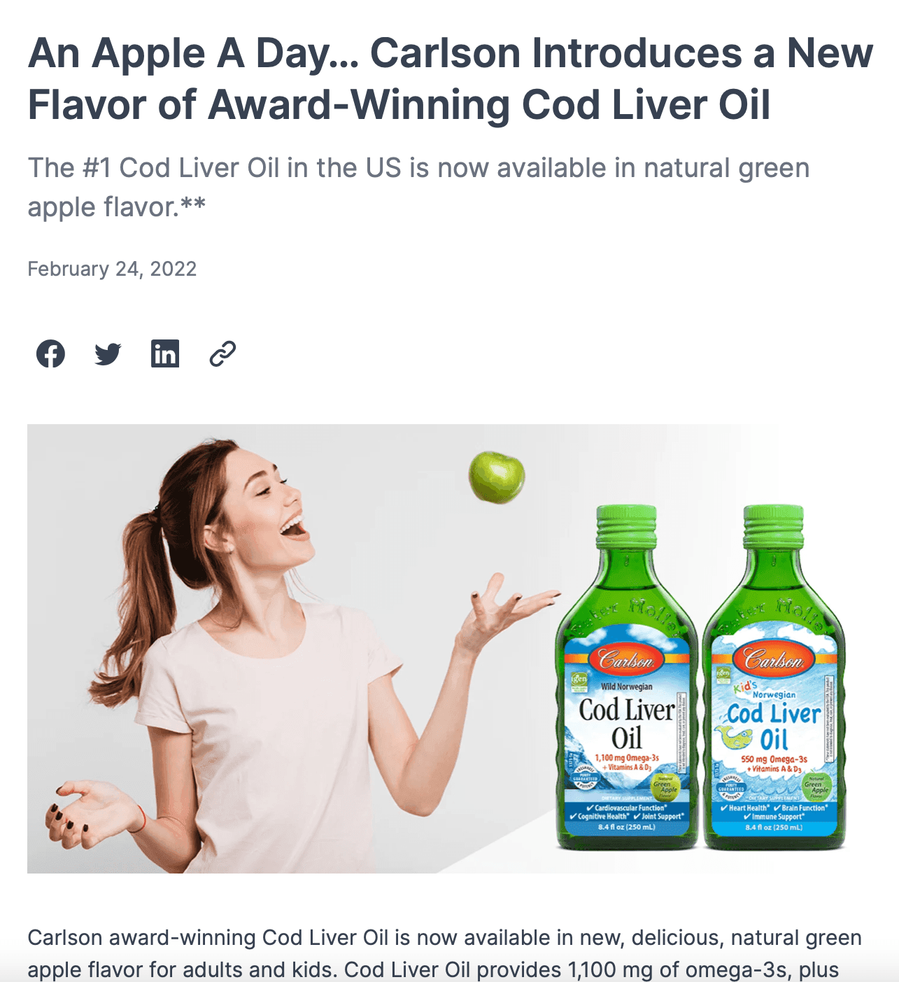 Carlson press release regarding their new olive oil product 