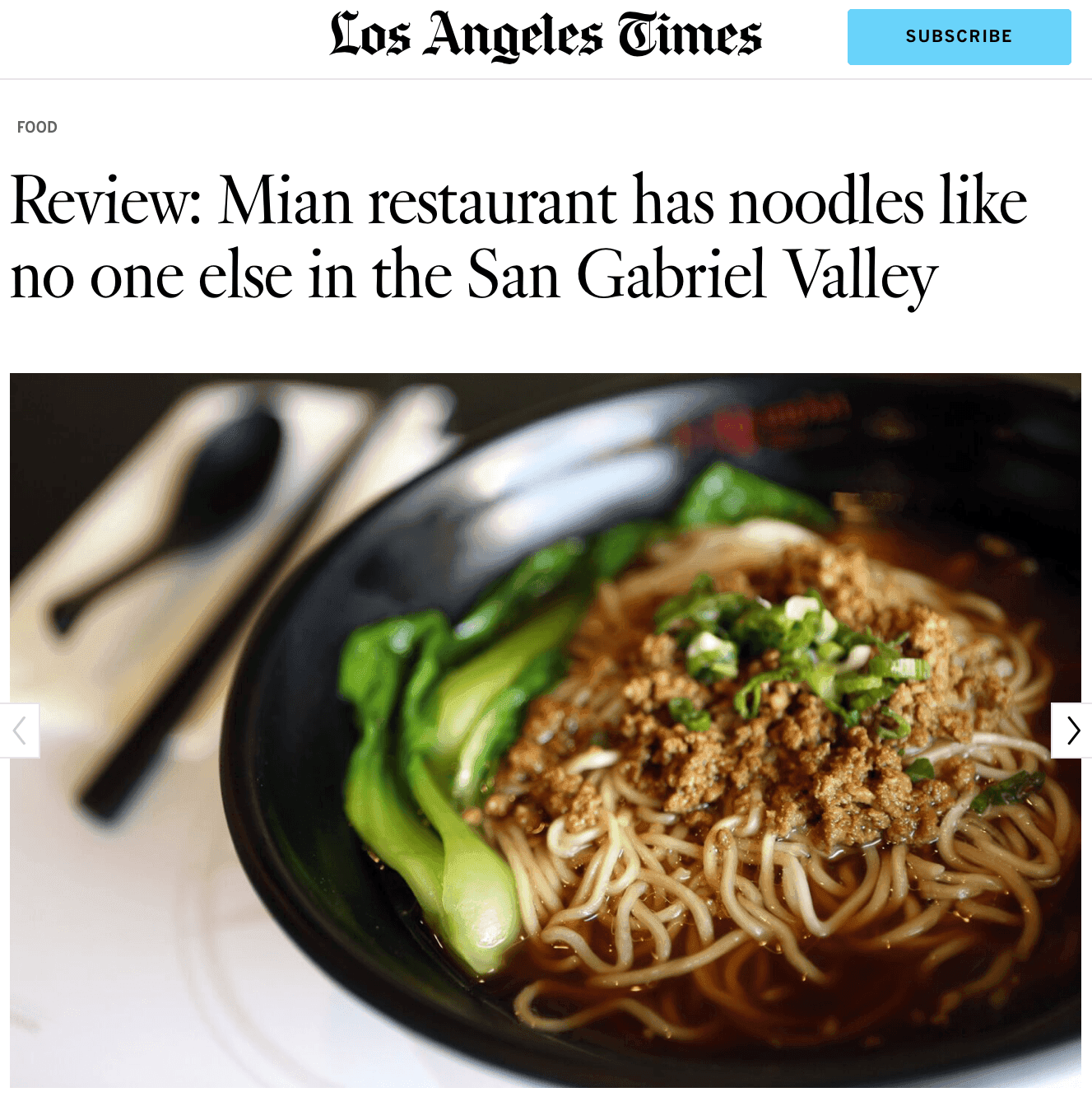Mian restaurant testimonial on Los Angeles Times