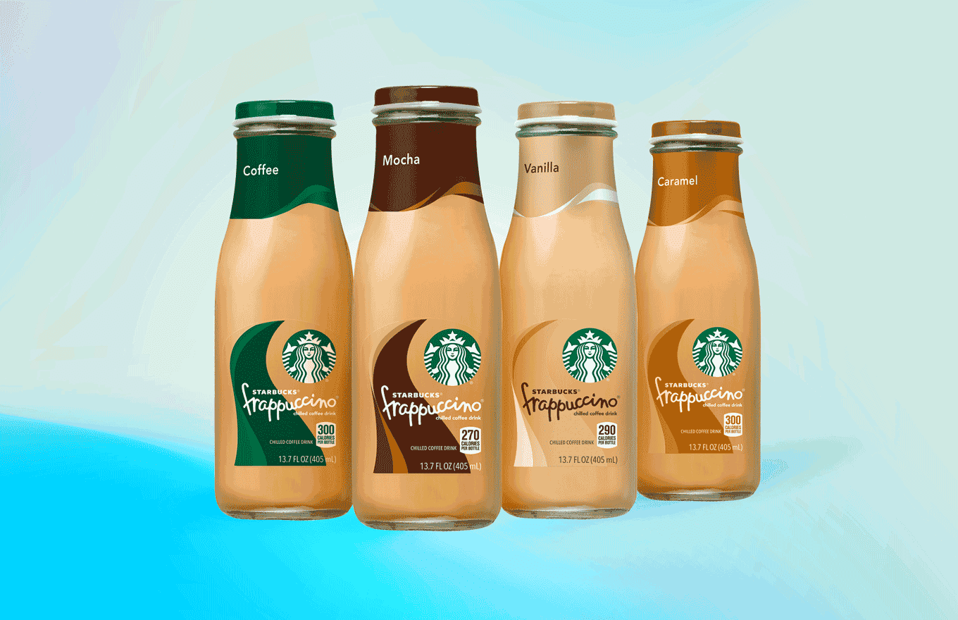 Starbucks glass bottle display of flavors