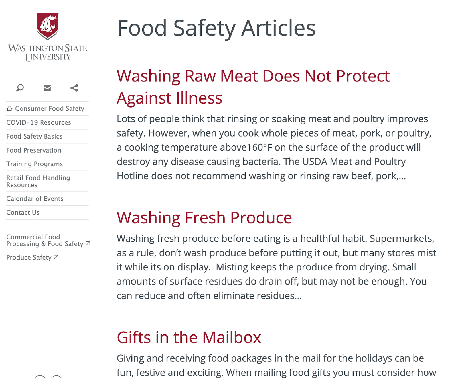 Washington State University food and safety articles