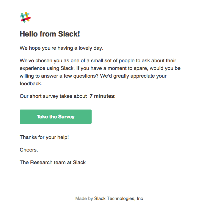 Slack customer survey email